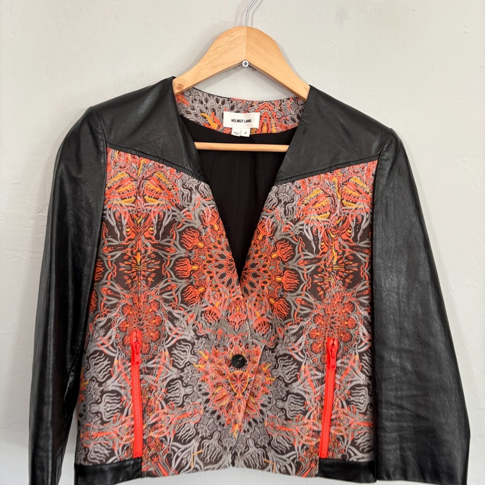 Helmut Lang Lamb Leather Jacket Women Size 2 Black Neon Jacquard - Picture 2 of 11